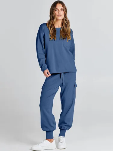 Miniatura 7 de Caracilia Conjuntos de dos piezas para mujer, conjuntos de suéter de manga larga, tops de punto a juego, pantalones deportivos tipo cargo a juego