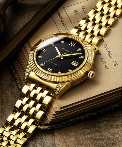 Miniatura 2 de BINLUN Reloj de pulsera para hombre, mecánico automático, reloj dorado con cuerda automática, elegante, chapado en oro de 18 quilates, relojes