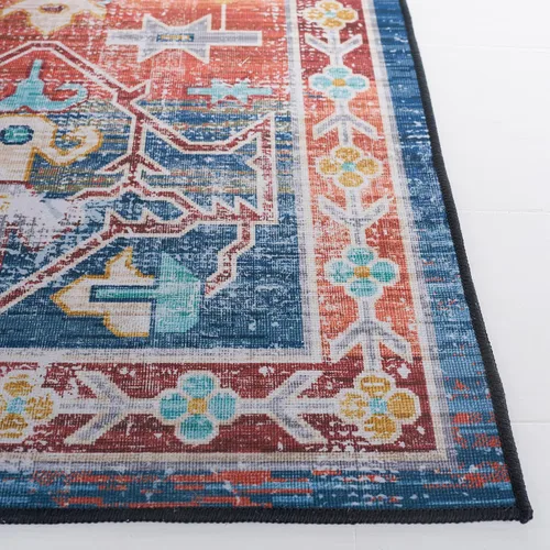 Miniatura 4 de SAFAVIEH Alfombra lavable Tucson Collection - 2 pies 6 pulgadas x 4 pies, azul y al óxido, antideslizante y fácil de limpiar, ideal para sala