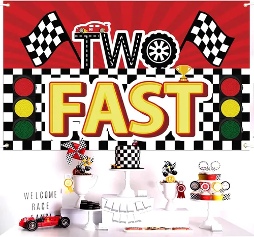 Miniatura 4 de Cartel grande de 2º cumpleaños para niños con dos decoraciones rápidas, cartel grande de 2º cumpleaños con temática de carreras, cartel