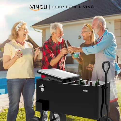 Miniatura 7 de VINGLI Caja Refrigeradora Rodante de 80 Cuartos de Galón, con Mango Largo y Ruedas de 10 Pulgadas, Portabebidas Portátil para Playa, Patio, Fiesta