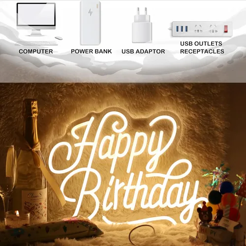 Miniatura 7 de Letrero de neón de feliz cumpleaños para telón de fondo, decoraciones de cumpleaños, letreros de luz LED de neón para cumpleaños, letrero de luz LED
