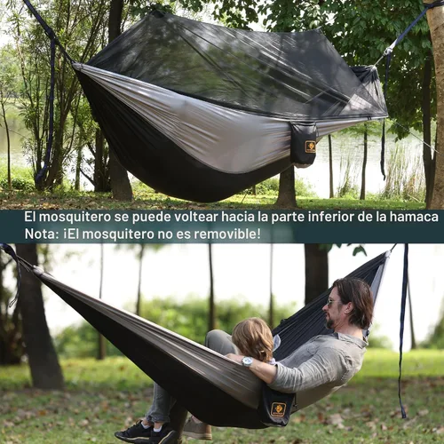 Miniatura 3 de Qevooon Hamaca de camping con red, hamacas ligeras portátiles de viaje con correas para árboles y mosquetones sólidos en forma de D, hamaca de Negro