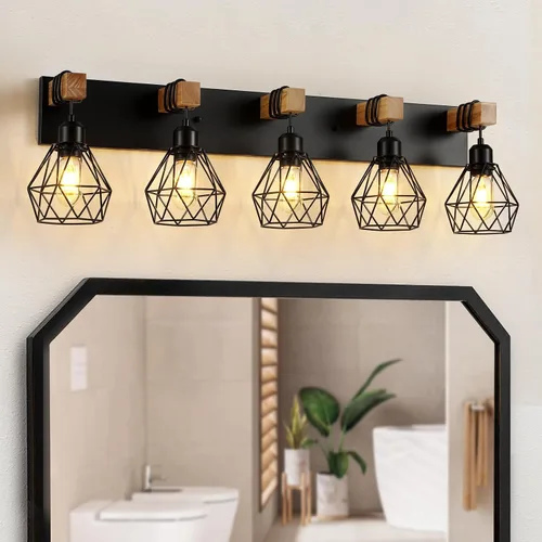 Miniatura 13 de Lámparas blancas para tocador de baño, luminarias de baño de madera de 2 luces sobre el espejo, apliques rústicos de pared con elegante pantalla
