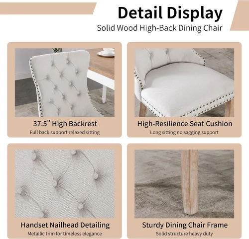 Miniatura 5 de Juego de 2 sillas de comedor modernas, sillas de comedor tapizadas acolchadas con patas de madera maciza, silla de cocina de tela de lino beige