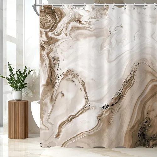deFouliao Cortina de ducha de mármol marrón, cortina de ducha de tela impermeable, moderno patrón de piedra sintética, decoración del hogar con