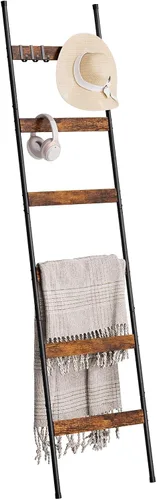 Miniatura 14 de ELYKEN Escalera de Mantas para Sala de Estar, Soporte de Edredón de 5 Niveles de Estilo Granja con 4 Ganchos Removibles para Baño, Estante de Roble