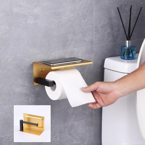 Miniatura 4 de GERZWY Soporte de papel higiénico de baño con estante Soporte de rollo de papel de papel de acero inoxidable Soporte de pared (negro y dorado)