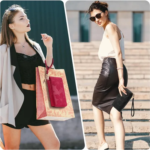 Miniatura 9 de Espera Cartera de mujer con bloqueo RFID de gran capacidad, tarjetero con doble cremallera, de cuero, con cartera para mujer con correa
