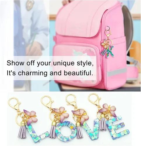 Miniatura 4 de TTYY Llaveros con letra inicial para niñas y mujeres, rosa, morado, verde, lindo llavero de corazón de mariposa para mochila escolar