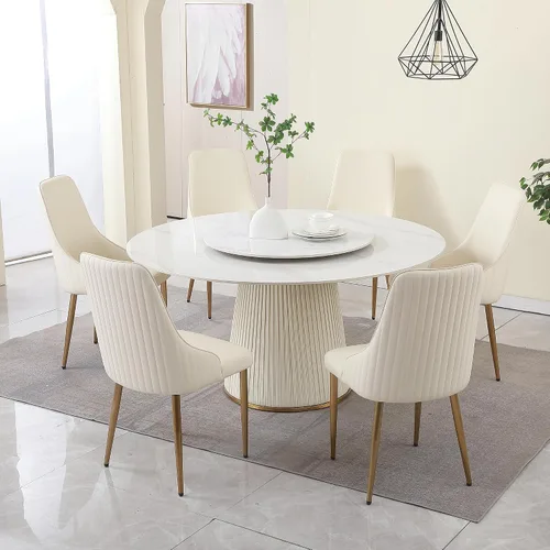 Miniatura 15 de Juego de mesa de comedor redonda de 9 piezas, moderna mesa de cocina de piedra sinterizada de 59 pulgadas con plato giratorio redondo de 31.5