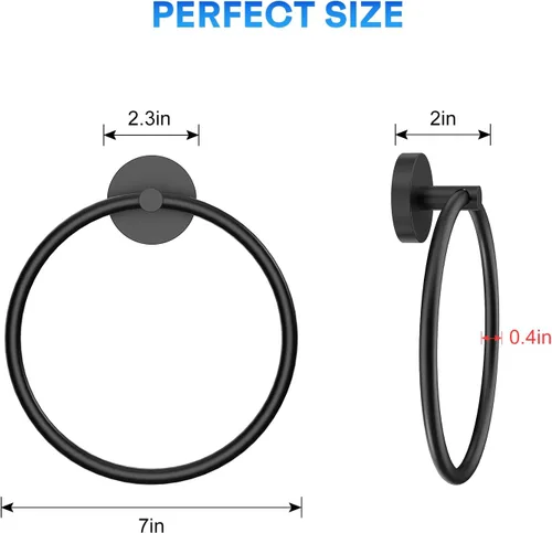 Miniatura 2 de Portatollas de Mano Atornillable Negro Mate Anillo para Toallas para Pared de Baño de Acero Inoxidable Colgador de Toallas Redondo para Accesorios