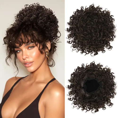 Miniatura 18 de PEACOCO Extensión de Cola de Caballo Corta y Rizada Moño Desordenado con Cordón Elástico Moño de Cabello Suelto para Mujeres con Cabello Delgado