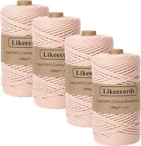 Miniatura 46 de Cordón de Algodón Trenzado 3mm x 109 yardas - Cuerda de Macramé Colorida para Manualidades, Ganchos, Colgantes de Pared - 100% Algodón Natural