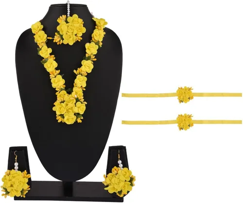 Miniatura 3 de Efulgenz Haldi Mehandi Flower Jewelry Set Indian Wedding Handmade Faux Roses Long Necklace Earrings Maang Tikka Bracelet Set Bridal Jewelry for