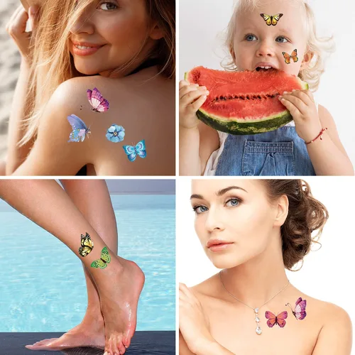 Miniatura 5 de Tatuajes de mariposa para niños y mujeres, 100 calcomanías temporales de mariposa coloridas e impermeables para recuerdos de fiesta, regalos, 100