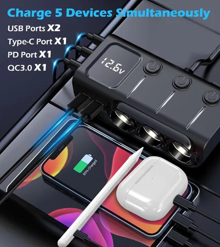 Miniatura 2 de LIHAN Divisor de encendedor de cigarrillos para automóvil, adaptador de 3 enchufes de 8 en 1,120 W y 5 USB con interruptor de alimentación maestro