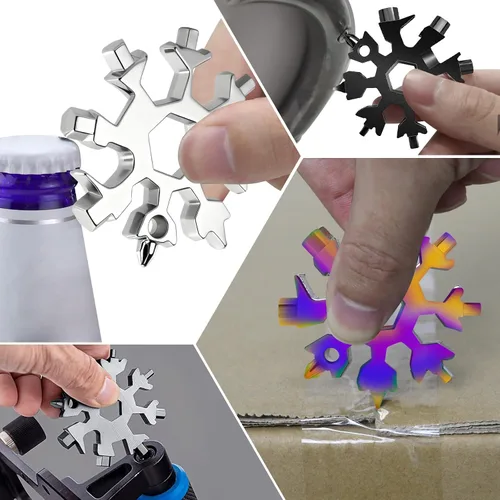 Miniatura 6 de Multiherramienta 18 en 1 en forma de copo de nieve, 9 paquetes de llave de copo de nieve de acero inoxidable/abridor de botellas/kit