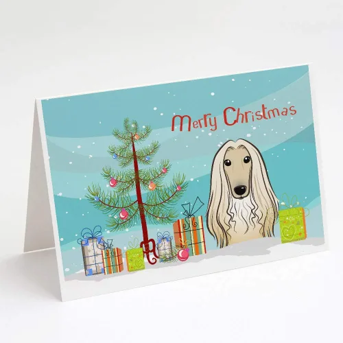 Caroline's Treasures BB1616GCA7P - Tarjetas de felicitación y sobres de árbol de Navidad y sabueso afgano, paquete de 8 tarjetas en blanco con
