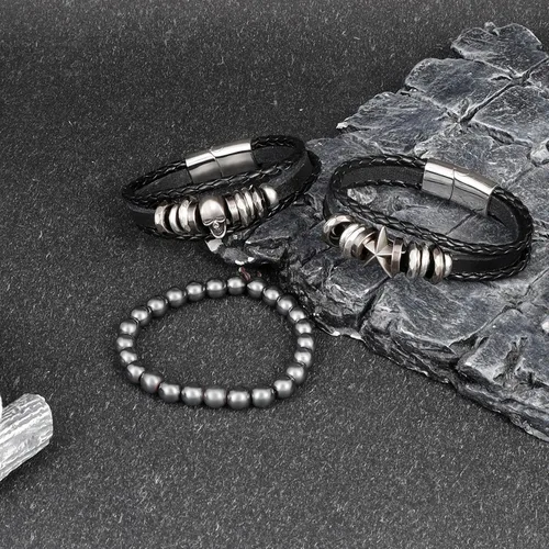 Miniatura 3 de MILAKOO 3 pulseras unisex punk retro góticas de cuero sintético con cuentas de hematita