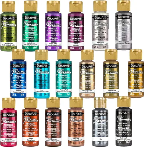 DecoArt Americana Pinturas Acrílicas DAZZLING METALLICS, Juego de 18 Colores Populares, Botella de 2 fl oz (Paquete de 18)