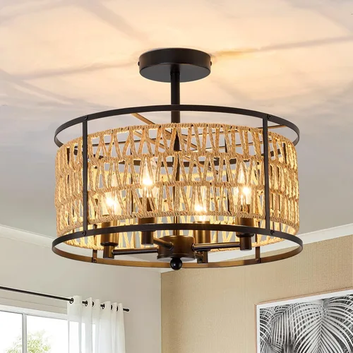 Miniatura 10 de Lámpara de techo de ratán de 3 luces, de 11 pulgadas, estilo bohemio, semiempotrada, lámpara de techo negra tejida a mano para casa de campo
