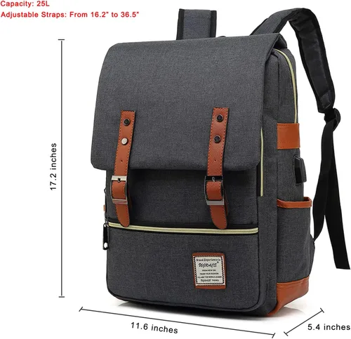 Miniatura 7 de UGRACE - Mochila vintage para portátil con puerto de carga USB, elegante mochila de viaje resistente al agua, mochilas casuales para hombres y Negro