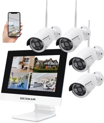 Sistema de cámara de seguridad inalámbrica con monitor de 10.1 pulgadas, 4 cámaras HD de 3MP/2K | Audio de 2 vías | Vista local y remota | Detección