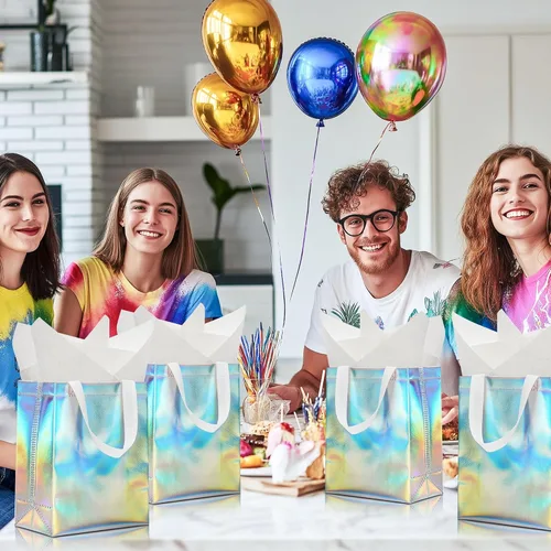 Miniatura 3 de KeerxunBag 12 piezas de bolsas de regalo reutilizables (incluye papel de seda) Bolsa de regalo con asa para cumpleaños, fiestas, días festivos