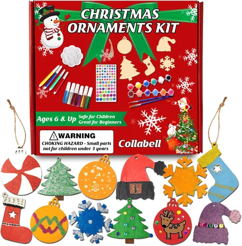 Miniatura 7 de Collabell Kit de manualidades de pintura de madera de Navidad, pinta tus propios adornos de Navidad, rebanadas de madera sin terminar, manualidades