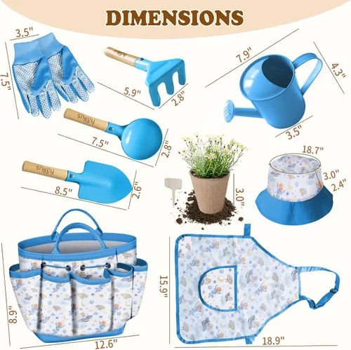 Miniatura 6 de Juego de herramientas de jardinería para niños 18 piezas, juego de jardinería para niños y niñas que incluye bolsa de mano, regadera, delantal