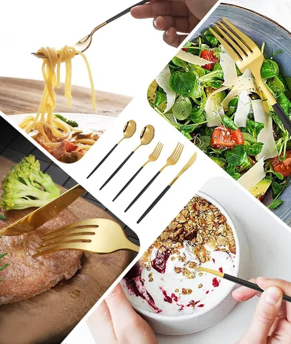 Miniatura 8 de Kawlity Cubiertos de acero inoxidable duraderos negros y dorados pulidos, cucharas, tenedores, 30 piezas, utensilios de mesa, para cocina