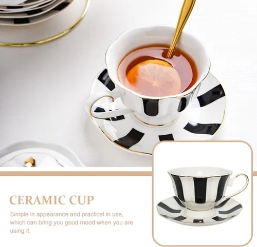 Miniatura 5 de Hemoton Juego de tazas y platillos de lunares de 5.51 pulgadas, taza de café de cerámica de estilo europeo con platillo para café con leche