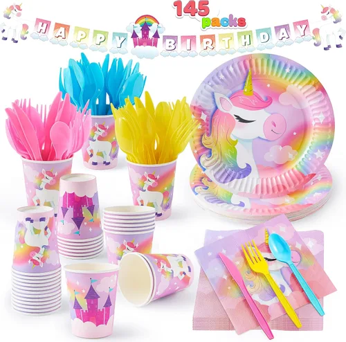 JOYIN 145 piezas de suministros para fiesta de cumpleaños de unicornio con pancarta de unicornio para niñas, juego de vajilla desechable de