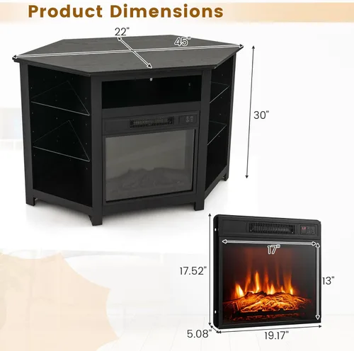 Miniatura 6 de COSTWAY Soporte de TV de esquina con chimenea eléctrica con luces LED de 16 colores, 3 brillos, control remoto y aplicación, moderno centro de Negro