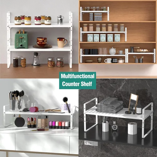 Miniatura 4 de SUZLON Estante organizador de gabinete expandible, estante apilable de almacenamiento para mostrador de cocina, estante de despensa de altura Blanco