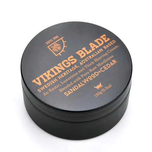 Vikings Blade Crema de afeitado de lujo, patrimonio tradicional sueco, madera de sándalo y cedro rojo del Pacífico, 100% pura virilidad 5.3 oz
