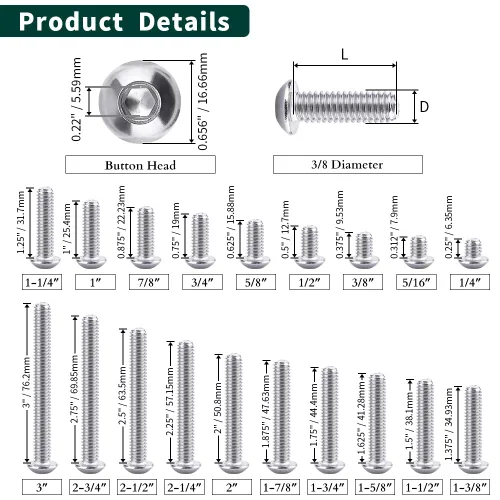 Miniatura 4 de Tornillos de cabeza de enchufe de 3/8-16 x 1 botón, acero inoxidable 304 18-8, rosca completa, rosca gruesa UNC, accionamiento hexagonal Allen, 5