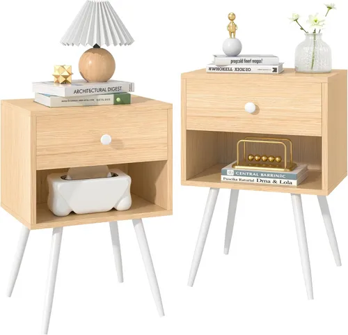 Miniatura 8 de VECELO Juego de 2 mesitas de noche, mesa de noche moderna de mediados de siglo, mesita de noche con cajón de almacenamiento y estante abierto de 2