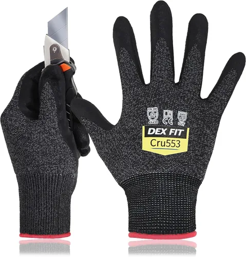 DEX FIT Guantes resistentes a cortes nivel 5 Cru553, ajuste elástico cómodo 3D, agarre potente, grado profesional, delgados, compatibles con