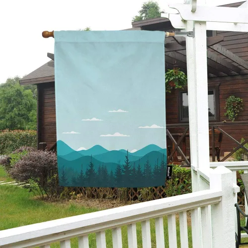 Miniatura 2 de Moslion Bandera de casa de montaña, árbol, nube blanca, montañas, niebla, pino, banderas de jardín de 28 x 40 pulgadas, bandera de doble cara