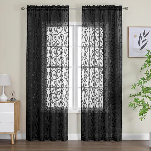 Miniatura 88 de OWENIE Furman - Juego de 2 paneles de cortinas traslúcidas negras de 24 pulgadas de largo, cortinas semitransparentes de jacquard ligeras y aireadas