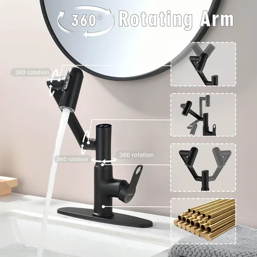 Miniatura 5 de Grifo de baño, grifos giratorios con pantalla de temperatura en grados Celsius (sin baterías), 3 modos de salida de agua, grifo de un solo orificio