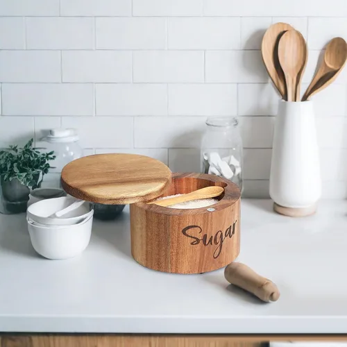 Miniatura 7 de Caja de especias de madera de acacia con cubierta giratoria para encimera de cocina, conservador de sal con cuchara integrada, moderno decorador