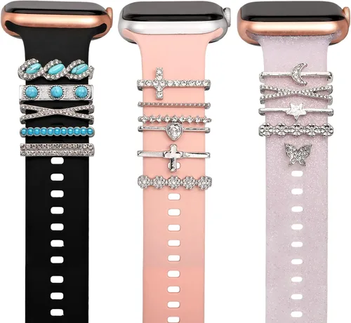 15 dijes de reloj con 12 trabillas decorativas para anillos, 3 tachuelas, accesorios de correa deslizante de diamante de metal compatibles con Apple