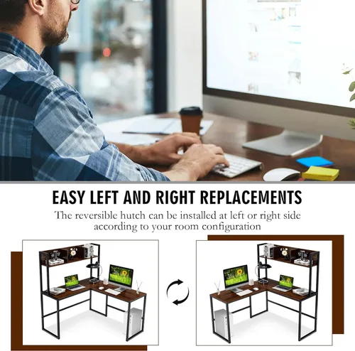 Miniatura 7 de MEDIMALL Escritorio en forma de L con estante de almacenamiento, escritorio esquinero reversible, mesa de juegos con marco de metal resistente