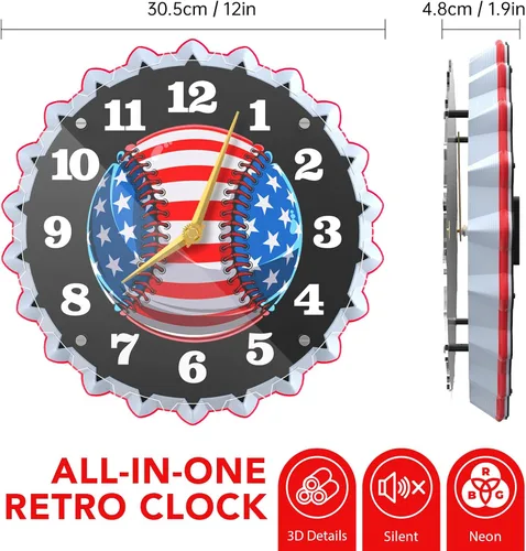 Miniatura 5 de Reloj de pared de béisbol, reloj de pared de neón de 12 pulgadas, bandera estadounidense y gráficos de béisbol, impresionante efecto de brillo 3D
