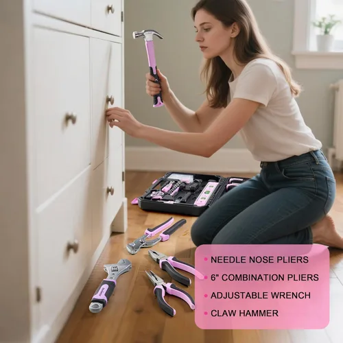 Miniatura 4 de Enventor Juego de herramientas rosas para mujeres, kit de herramientas manuales para el hogar general de 146 piezas con caja de herramientas