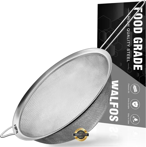 Walfos Colador grande de malla fina de 8.6 pulgadas, coladores de alimentos de metal para cocina con mango resistente, tamiz de malla de acero