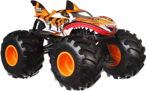 Hot Wheels Monster Trucks Tiger Shark - Vehículo fundido a presión a escala 1:24 con ruedas gigantes para niños de 3 a 8 años de edad, gran regalo,